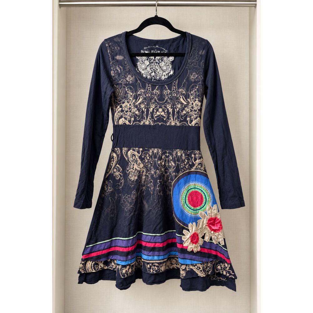 Desigual Navy Floral Appliqué Long Sleeve Boho Dress